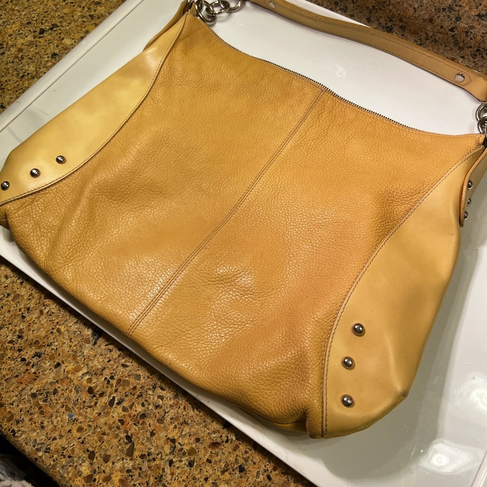 Furla Vintage Buttercup Pebbled Leather Shoulder Bag Hobo 16”x12” Preowned - Picture 3 of 16